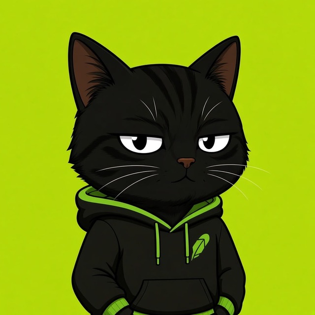 Larping Cat, a smug black cat in a Robinhood hoodie